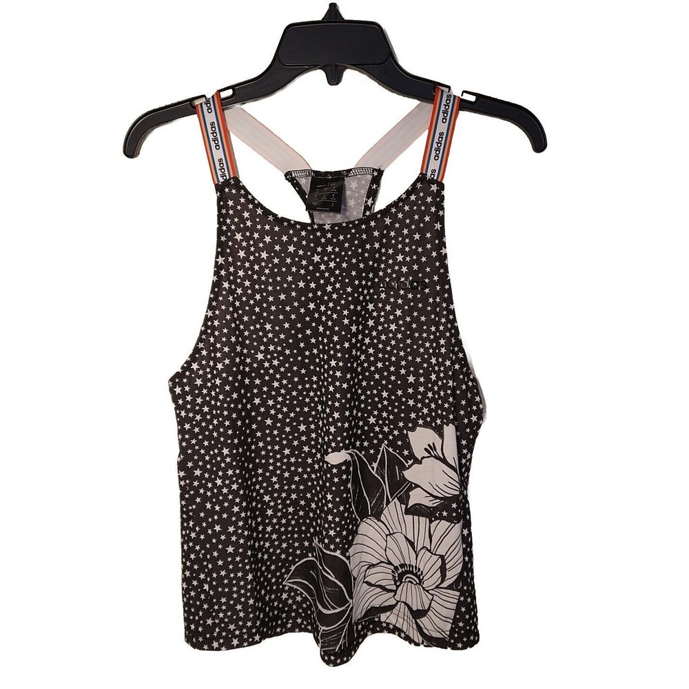 adidas Black White Star-Print Tank Top with Floral Graphic